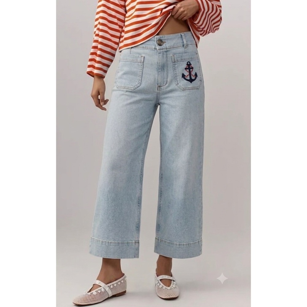 New Maeve Colette Jeans 25 Petite Embroidered Light Wash Anchor Wide Leg Cropped